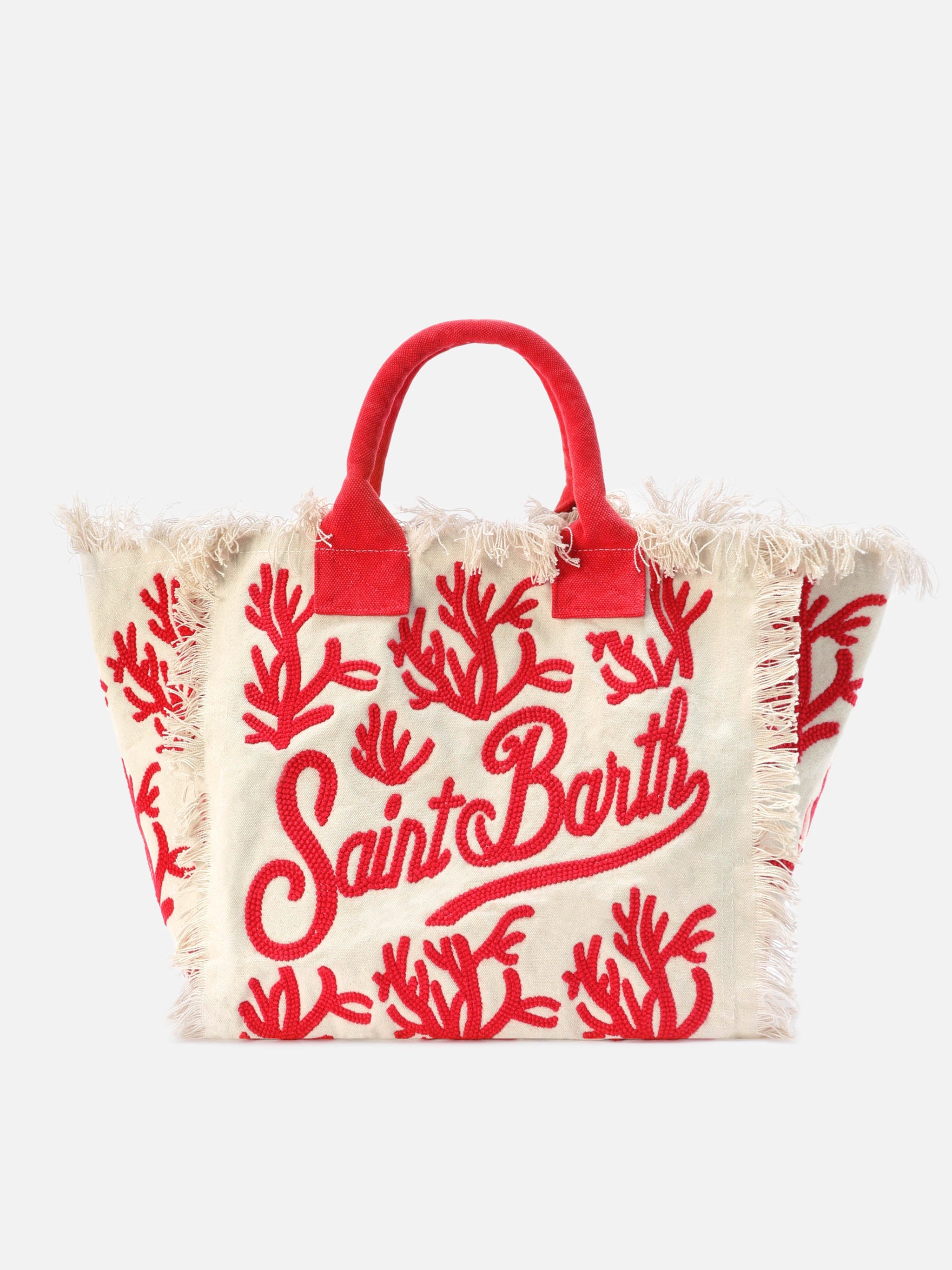 Bolso Vanity regular en lona con bordado en color coral y tufting