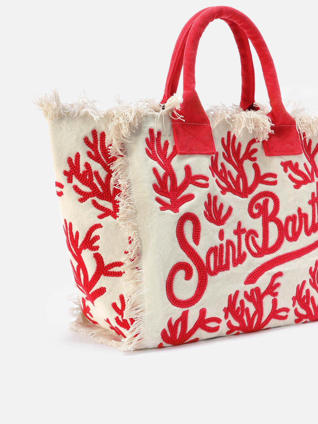 Bolso Vanity regular en lona con bordado en color coral y tufting
