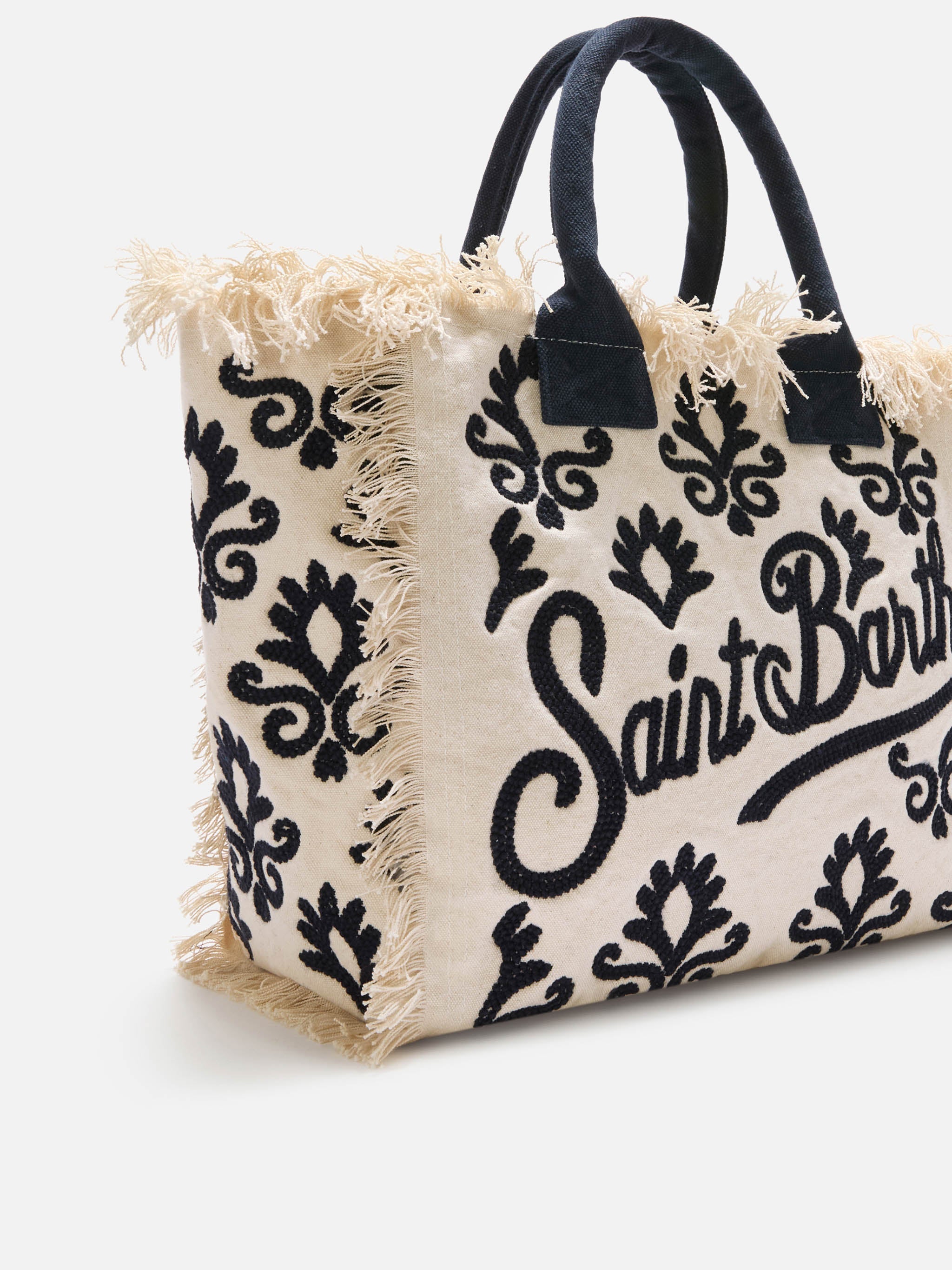 Bolso Vanity Regular de lona con bordado de lirio y tufting azul