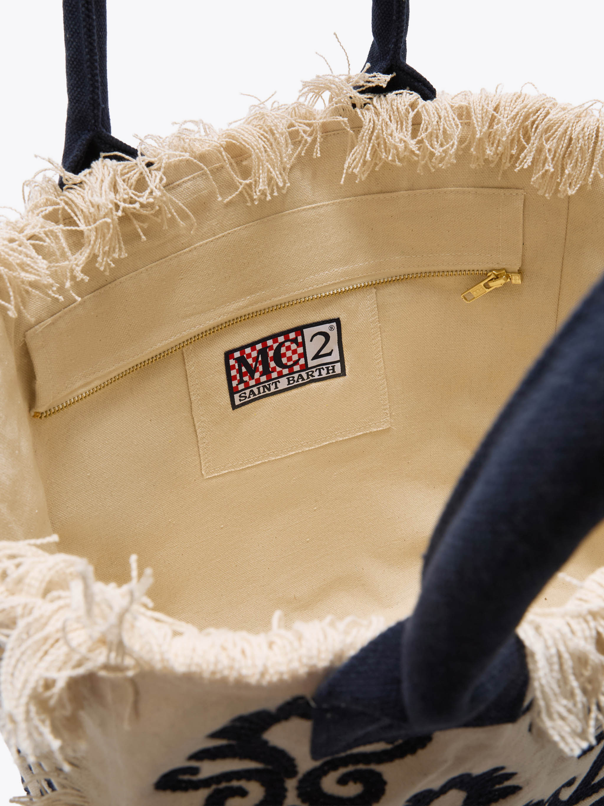 Bolso Vanity Regular de lona con bordado de lirio y tufting azul