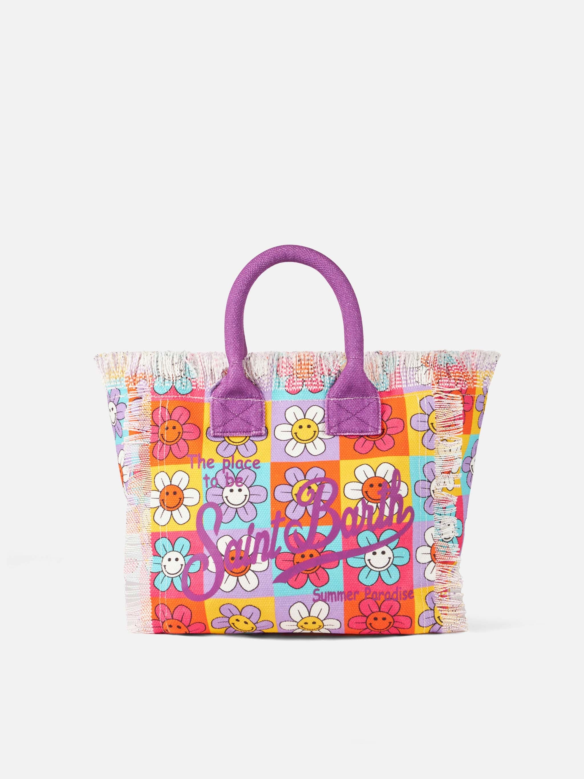 Bolso Colette de lona con estampado de margaritas y sonrisa multicolor