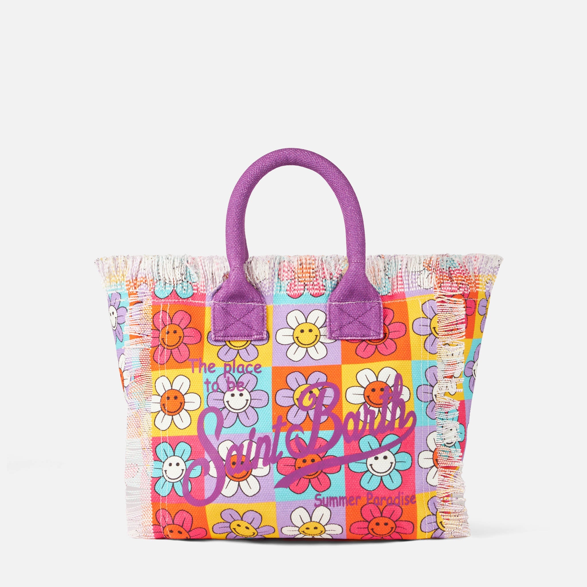 Bolso Colette de lona con estampado de margaritas y sonrisa multicolor