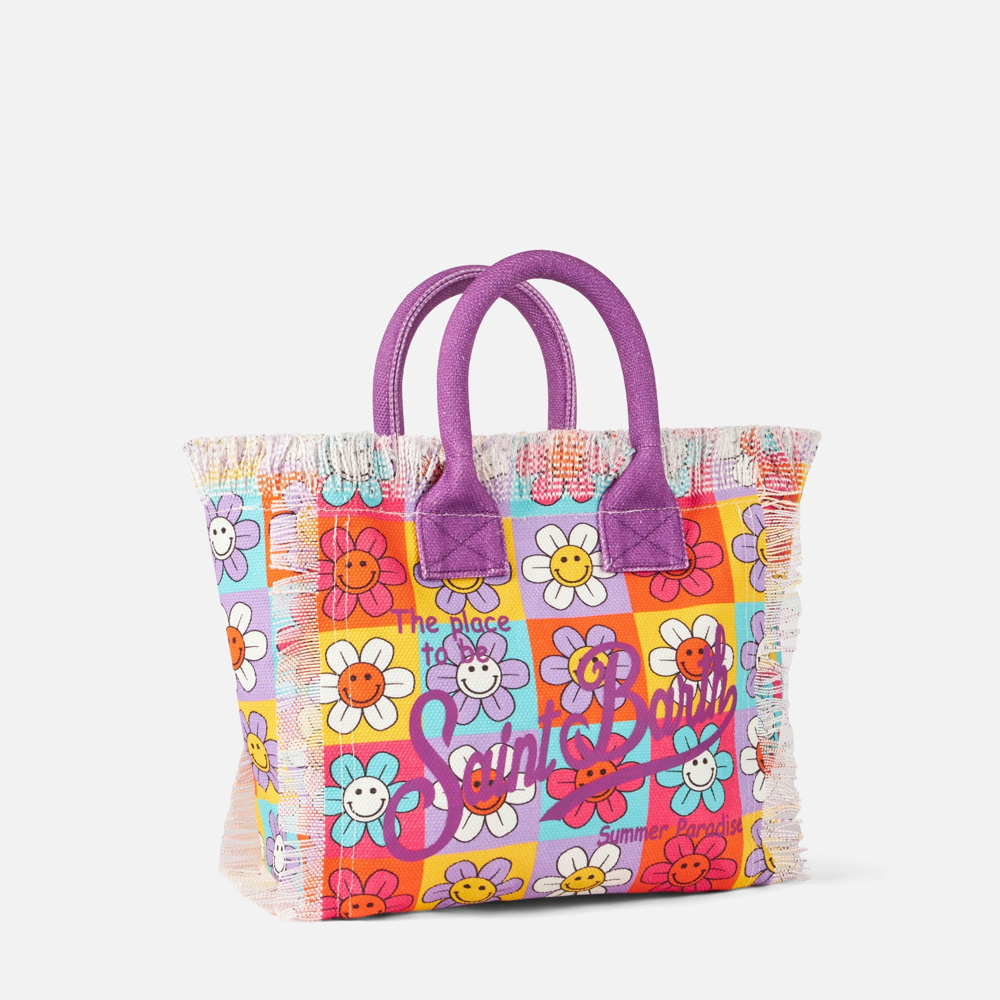 Bolso Colette de lona con estampado de margaritas y sonrisa multicolor