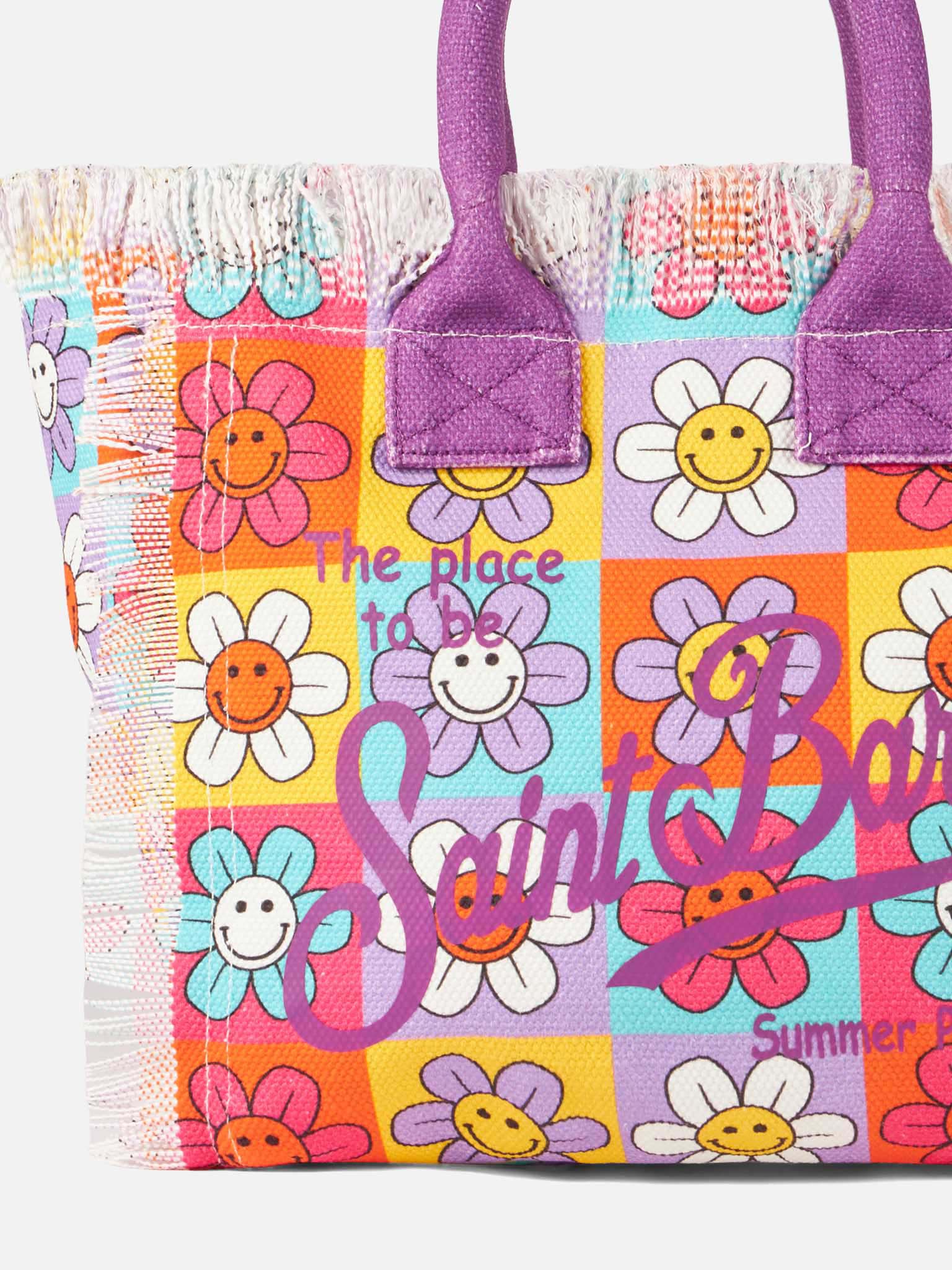 Bolso Colette de lona con estampado de margaritas y sonrisa multicolor